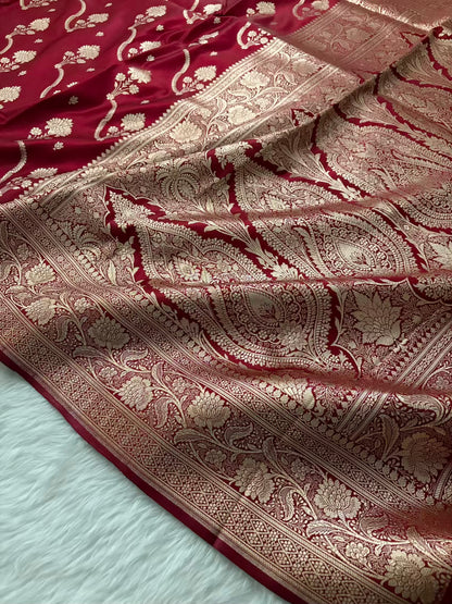 Maroon Satin Silk Banarasi Saree – Tircha Jaal
