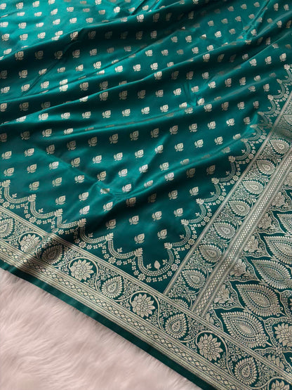 Rama Green Satin Silk Banarasi Saree Silver Motif