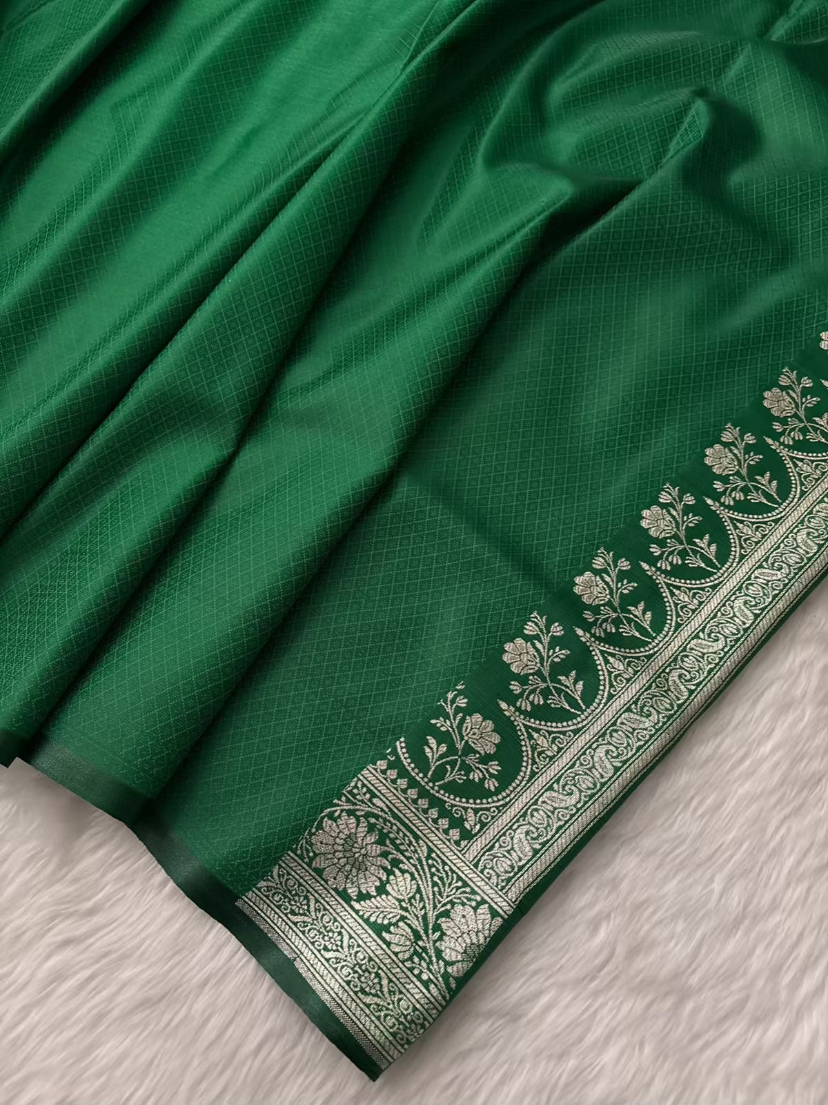 Red & Green Buti Satin Silk Banarasi Saree