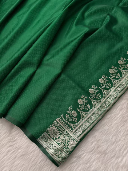 Red & Green Buti Satin Silk Banarasi Saree
