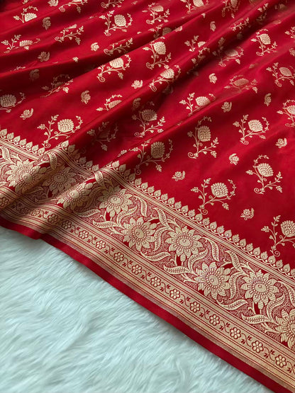 Red Floral Buti Satin Silk Banarasi Saree