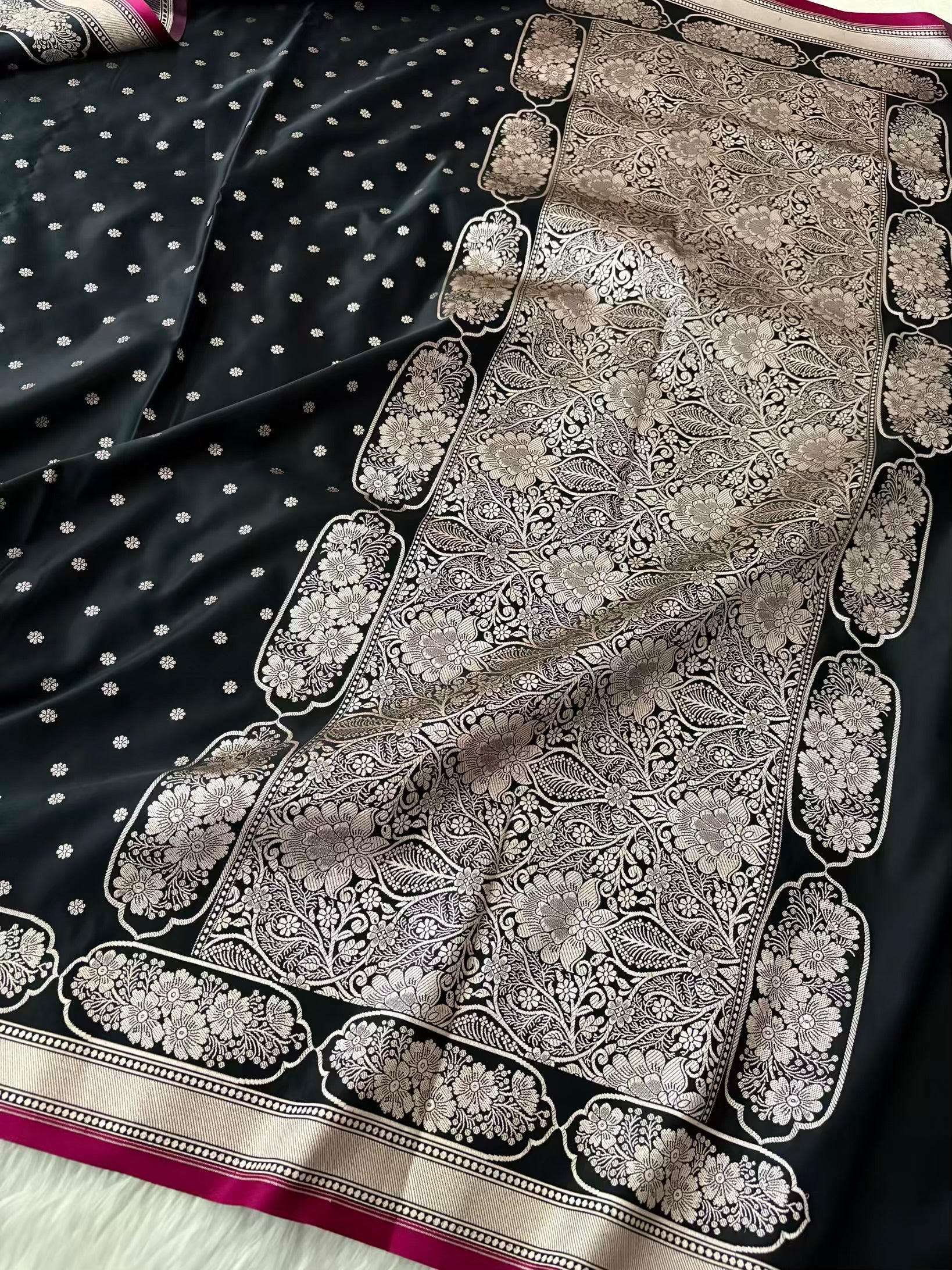 Black Soft Kataan Silk Banarasi Saree In Rose Gold Zari