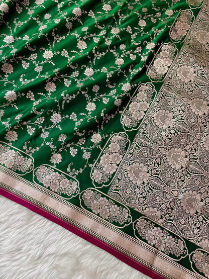 Green Soft Kataan Silk Banarasi Saree In Jaal Weaving