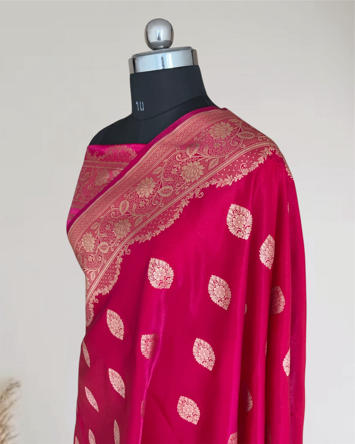Rani Pink Satin Silk Banarasi Saree Jhaad Motif