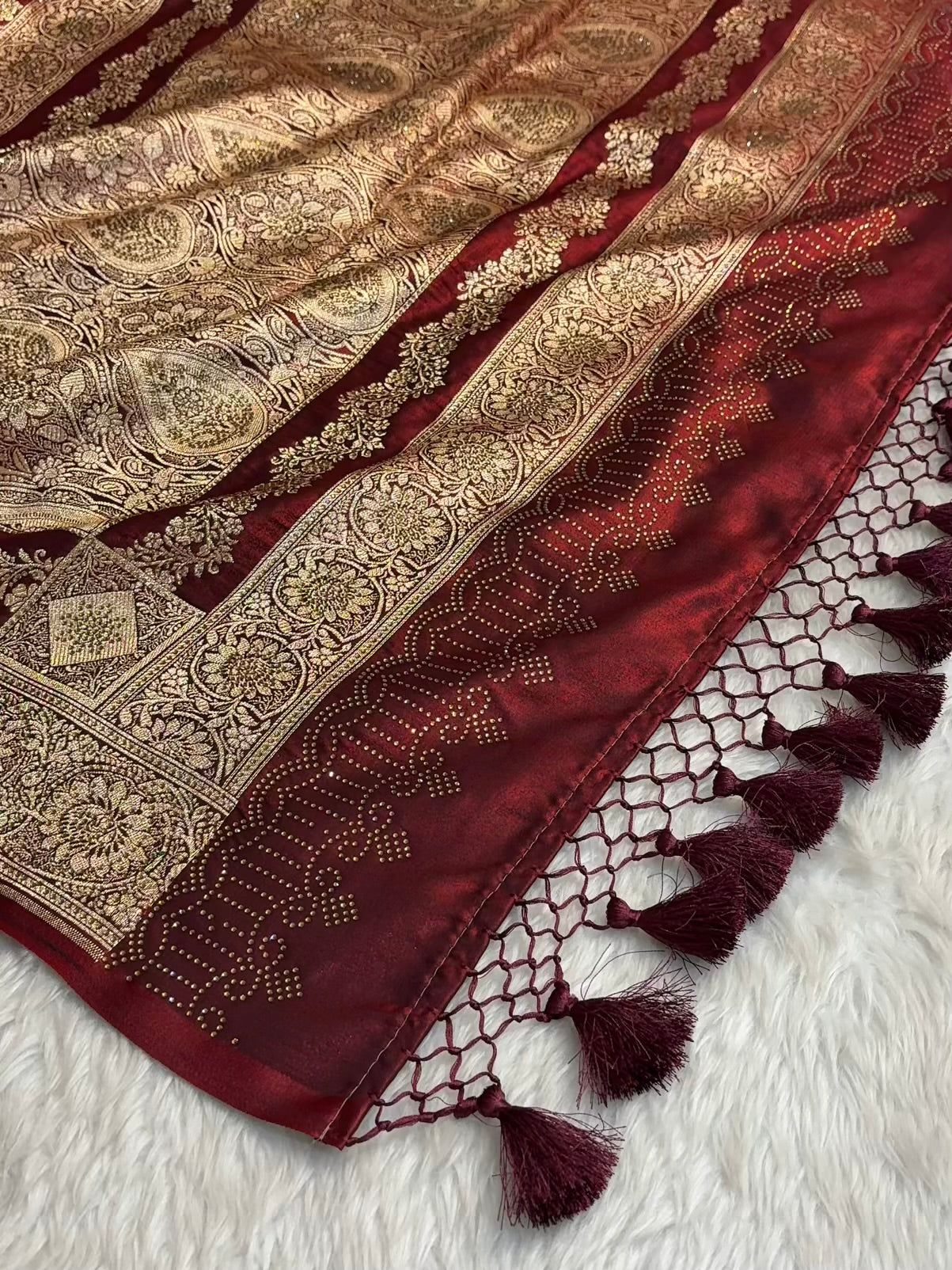 Satin Silk Saree Banarasi Swarovski Work Jaal in Dark Maroon Shades