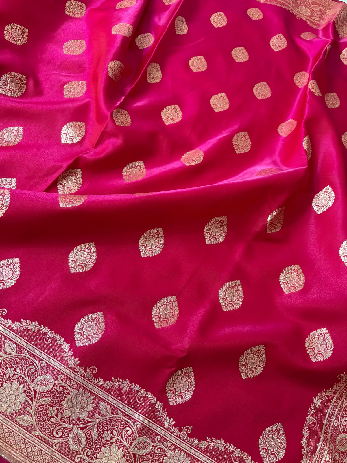 Rani Pink Satin Silk Banarasi Saree Jhaad Motif