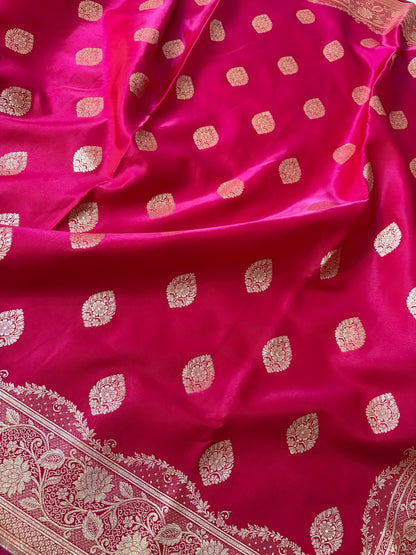Rani Pink Satin Silk Banarasi Saree Jhaad Motif