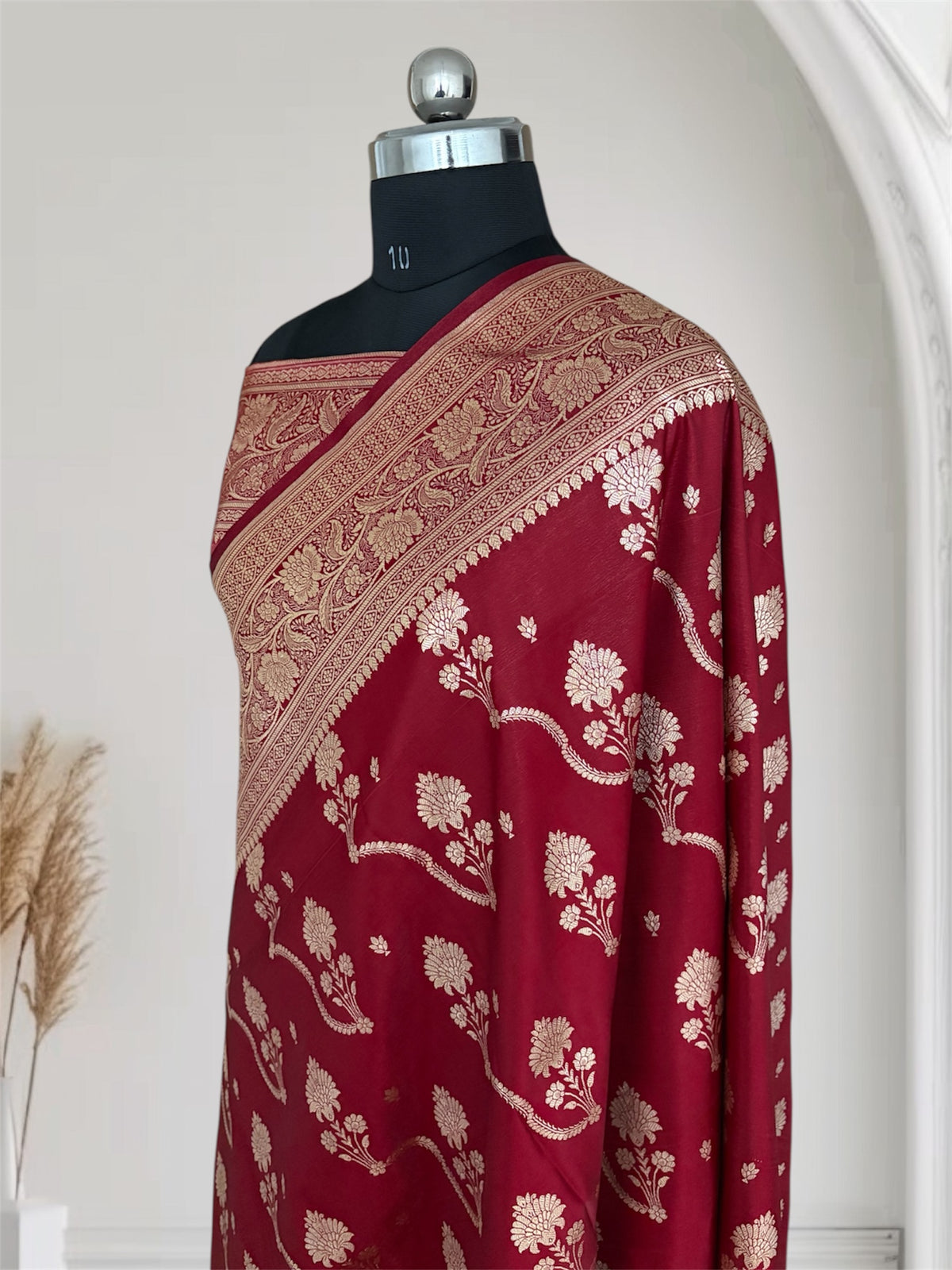 Maroon Satin Silk Banarasi Saree – Tircha Jaal