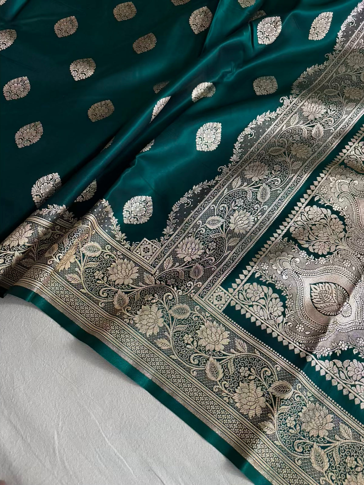 Teal Green Satin Silk Banarasi Saree Jhaad Motif