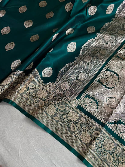 Teal Green Satin Silk Banarasi Saree Jhaad Motif