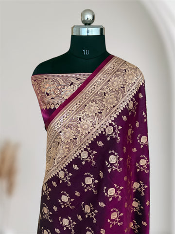 Wine Floral Buti Satin Silk Banarasi Saree