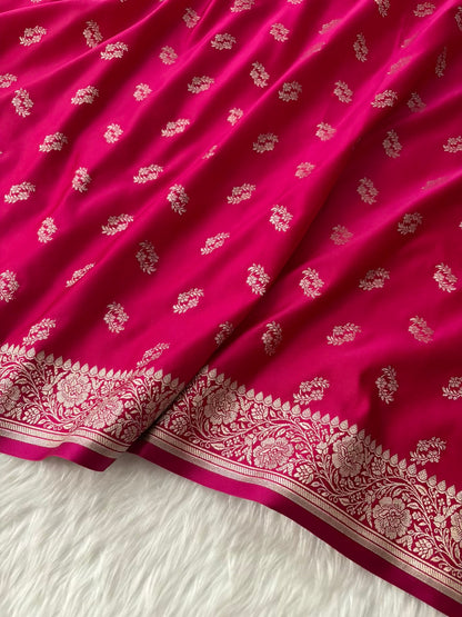Rani Pink Star Motif Soft Kataan Silk Banarasi Saree In Silver Zari