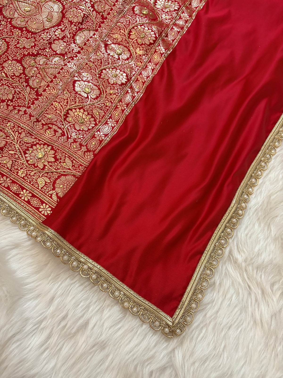 Bridal Red Satin Kataan Silk Banarasi Saree Heavy Aari Work
