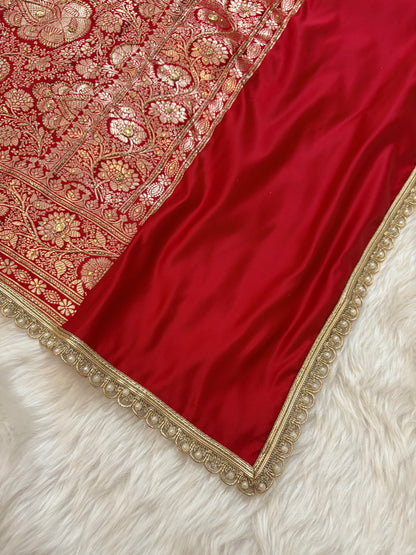 Bridal Red Satin Kataan Silk Banarasi Saree Heavy Aari Work