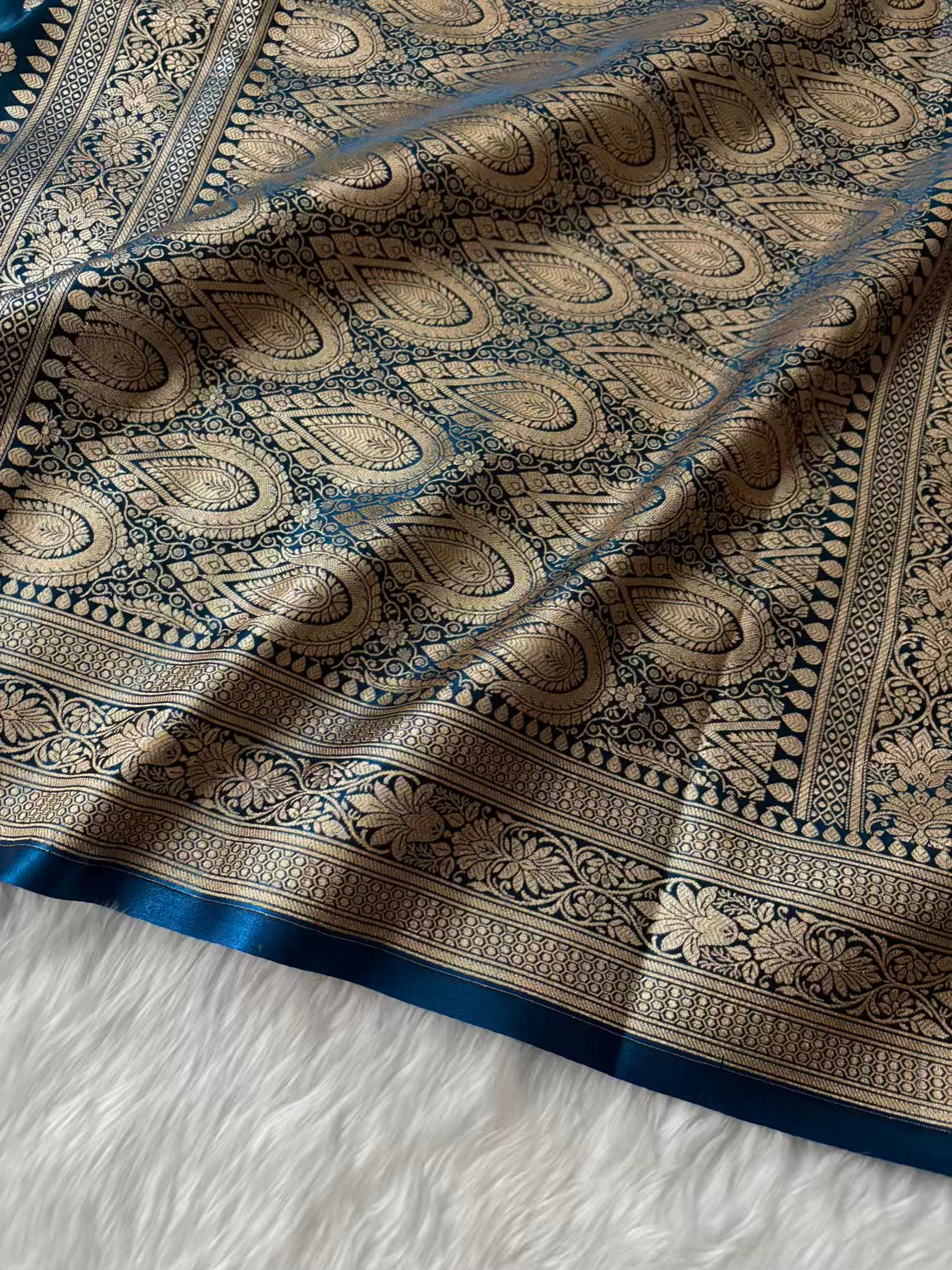 Dark Blue Satin Silk Banarasi Motif Saree