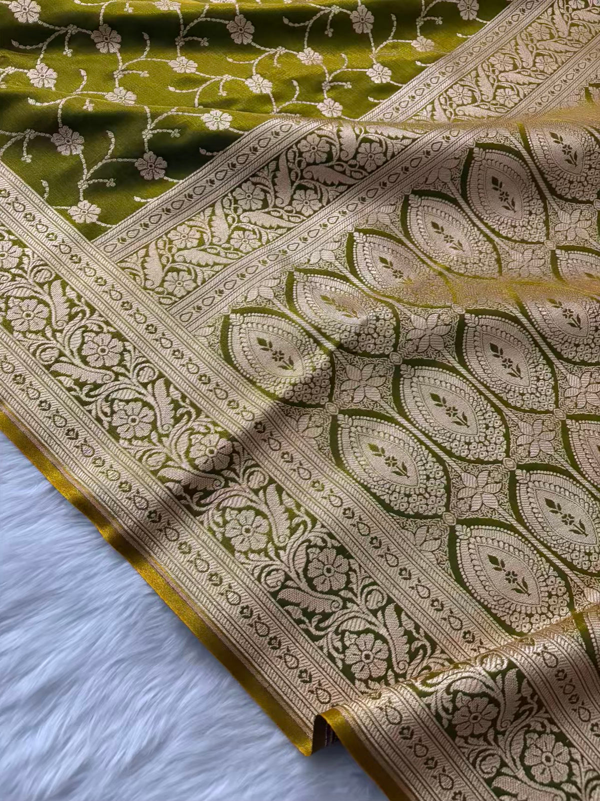 Mehdi Green Motif Jaal Satin Silk Banarasi saree