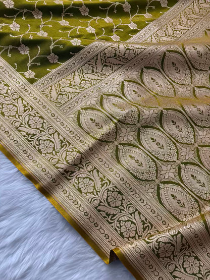 Mehdi Green Motif Jaal Satin Silk Banarasi saree
