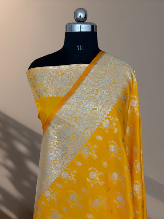 Yellow Floral Buti Satin Silk Banarasi Saree