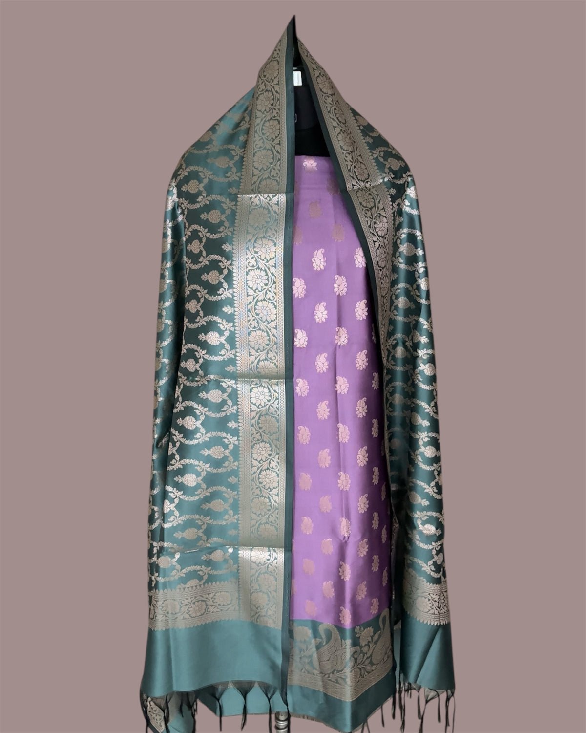 Safaya Green and Lovender Satin Silk Banarasi Suit