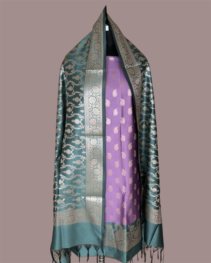 Safaya Green and Lovender Satin Silk Banarasi Suit