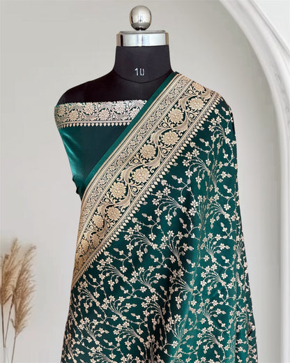 Heavy Jaal Satin Silk Banarasi Saree Teal Green Shades