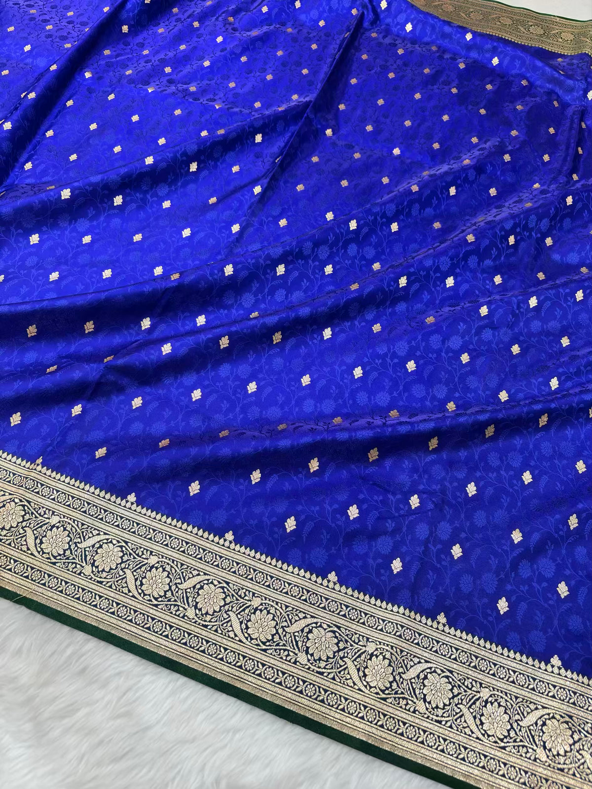 Royal Blue & Green Satin Silk Banarasi Saree Tanchui Jaal