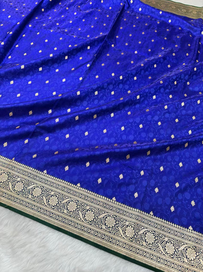 Royal Blue & Green Satin Silk Banarasi Saree Tanchui Jaal