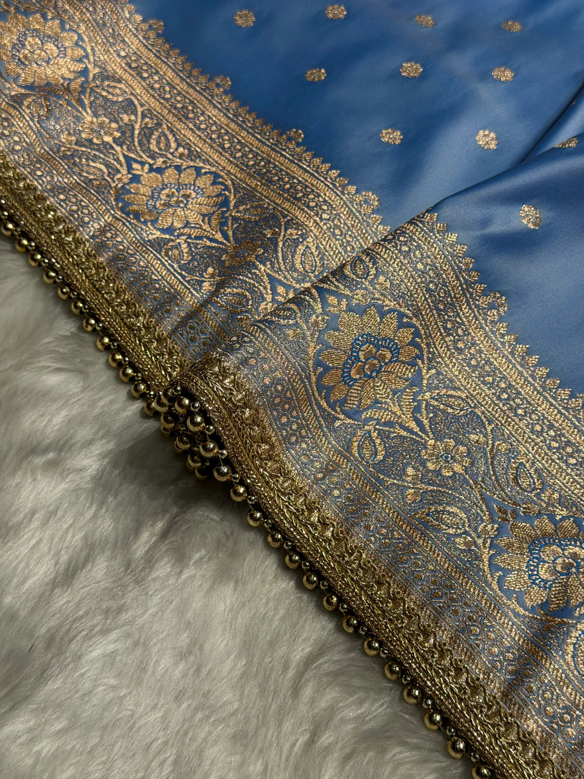 Satin Katan Powder Blue Silk Saree With Gotta Patti