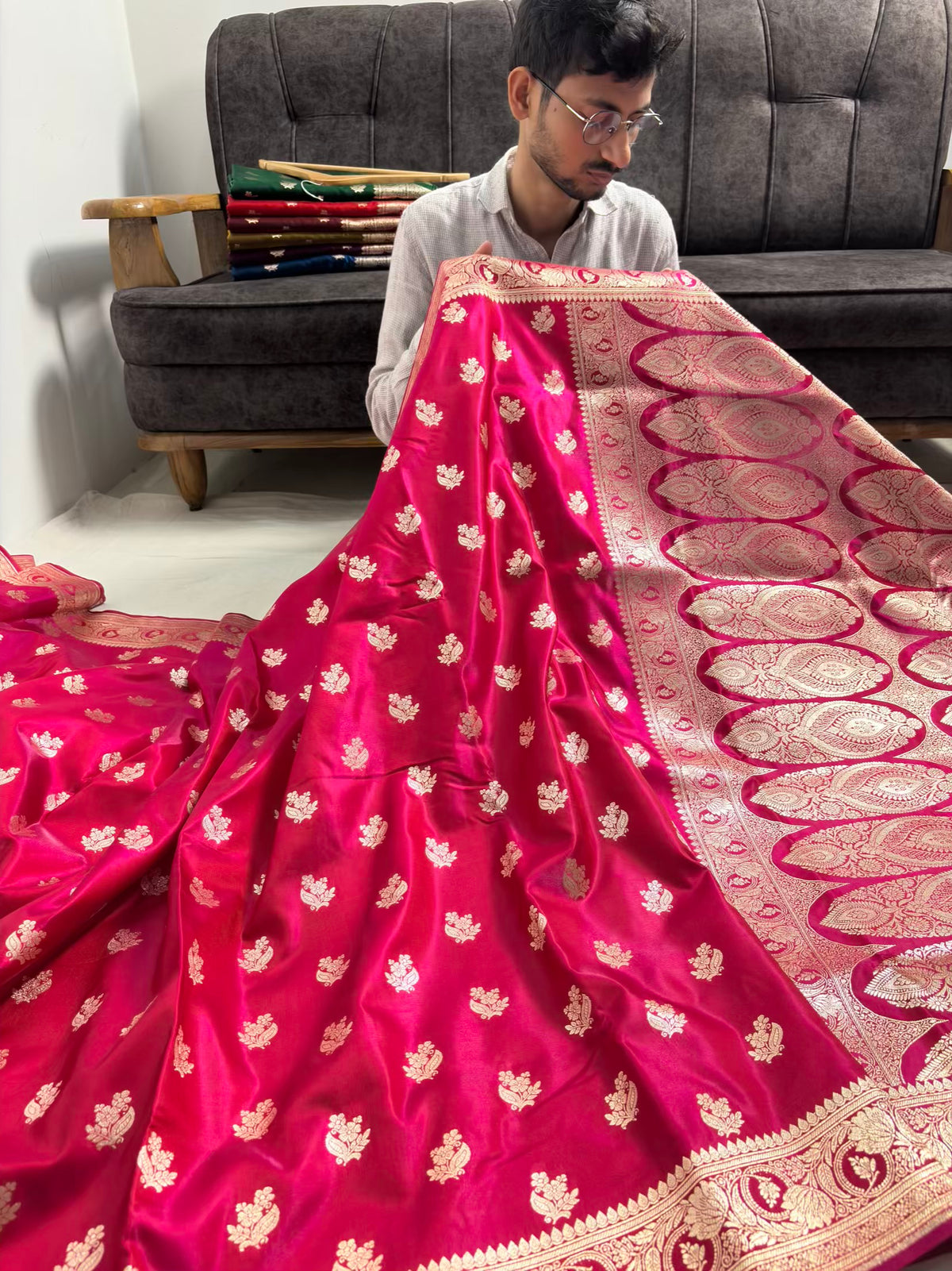 Rani Pink Satin Silk Motif Banarasi Saree