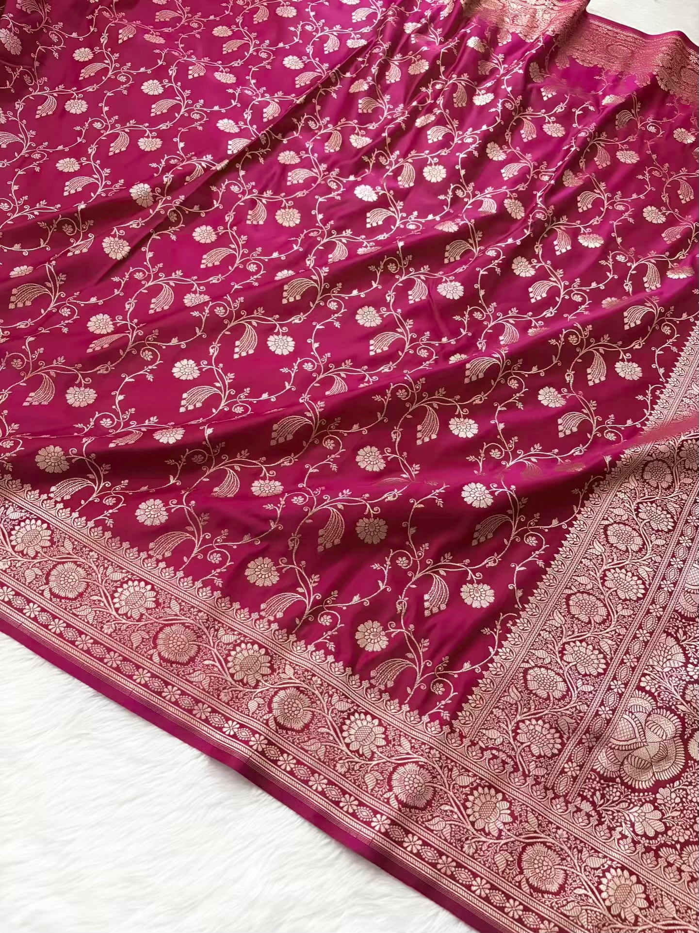 Rani Kataan Satin Silk Banarasi Saree Bridal Jaal