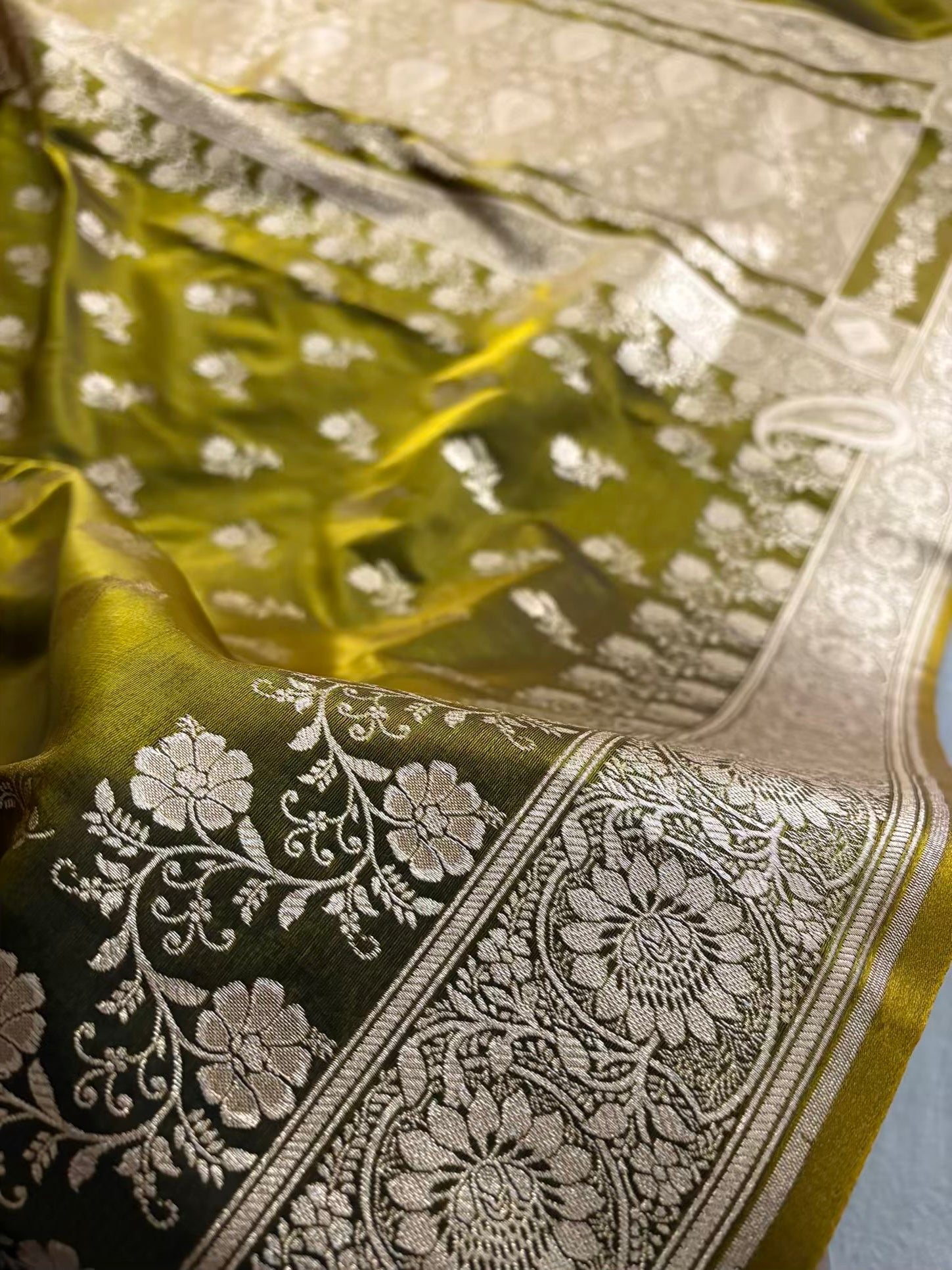 Mehdi Green Satin Silk Banarasi Fancy Saree