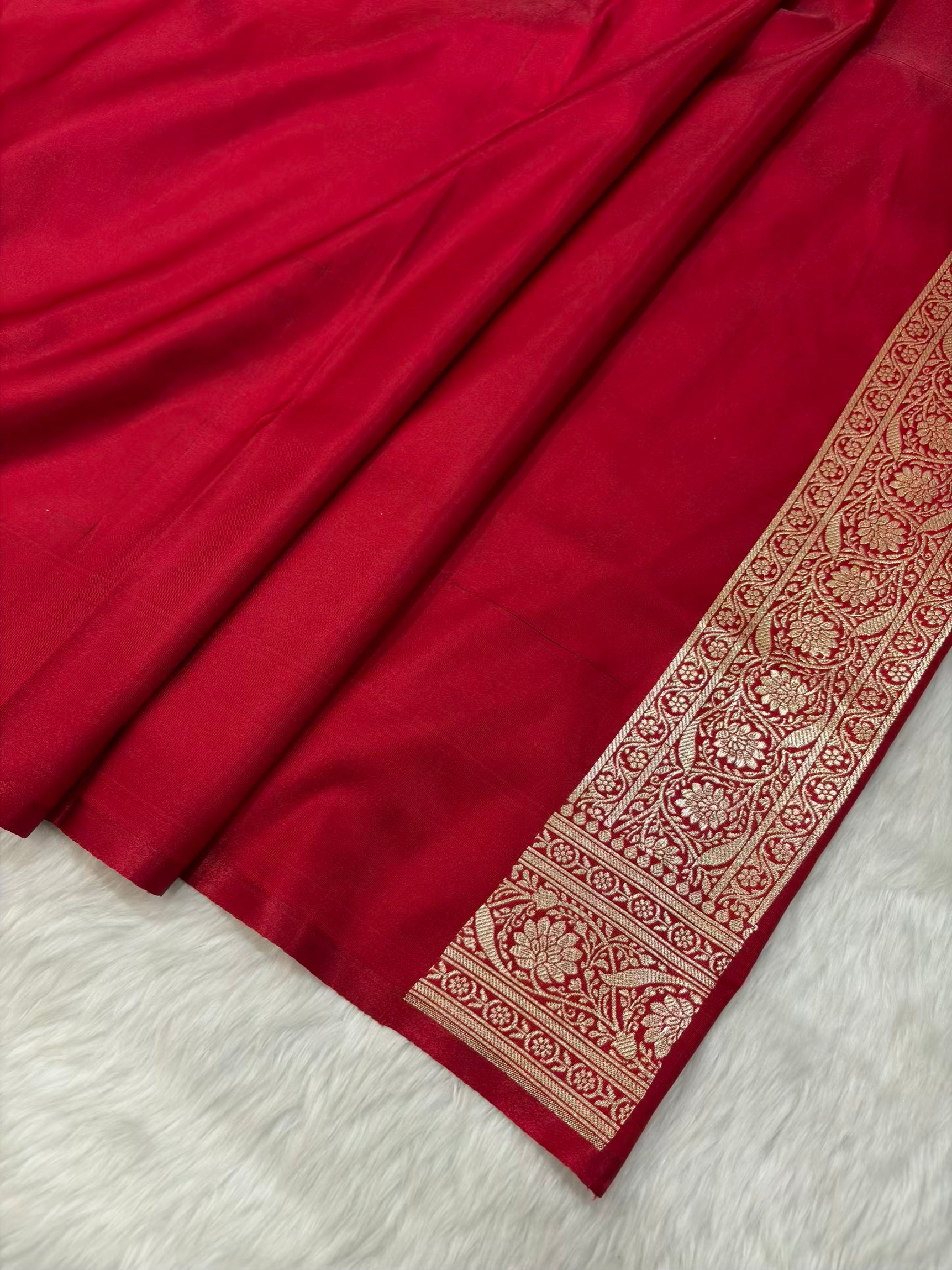 Red & Red Satin Silk Banarasi Saree Tanchui Jaal