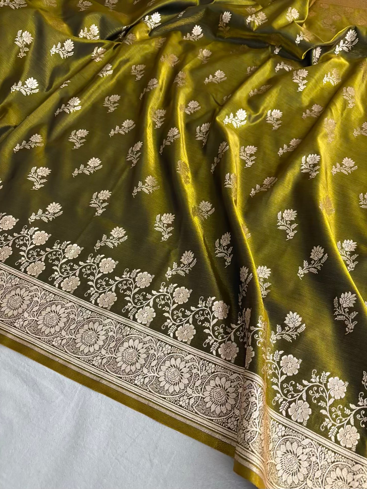 Mehdi Green Satin Silk Banarasi Fancy Saree