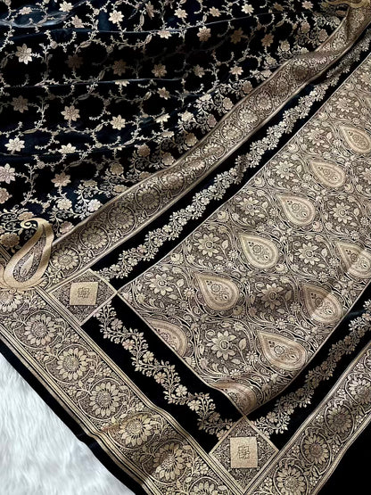 Black Beauty Satin Silk Banarasi Saree Floral Jaal