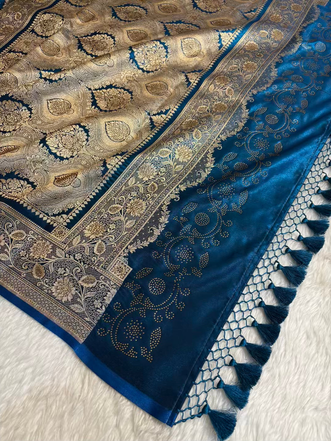 Teal Blue With Swarovski Stone Work Jaal Pattern Satin Silk Saree