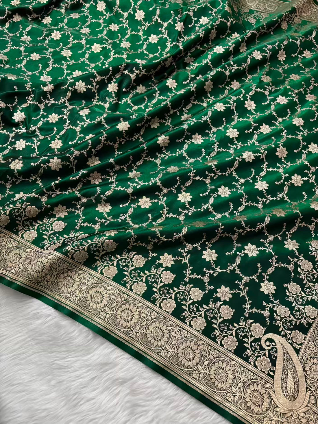 Botel Green Satin Silk Banarasi Saree Floral Swarna Latika Jaal
