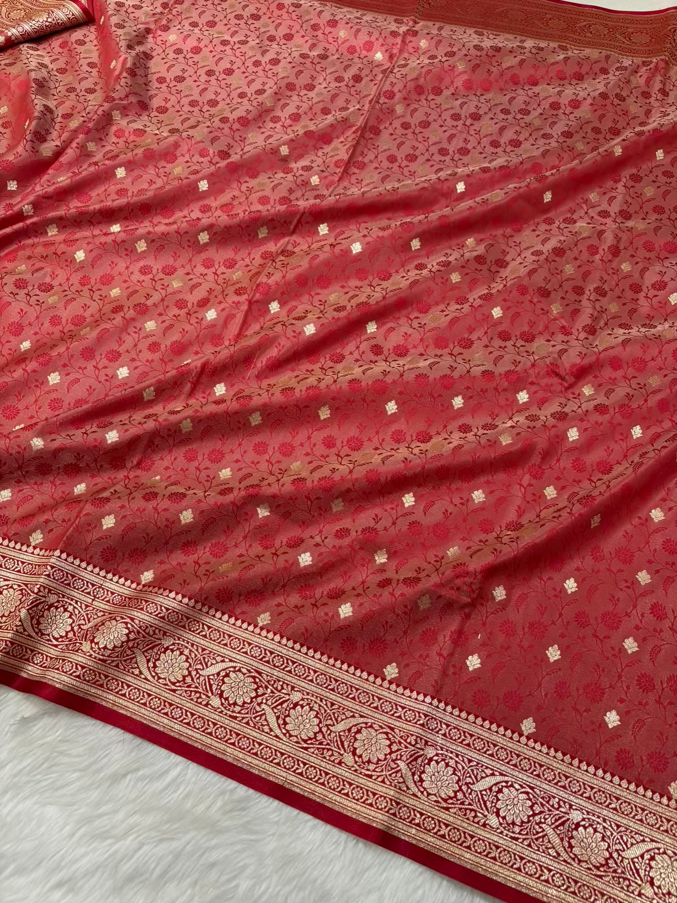 Red & Red Satin Silk Banarasi Saree Tanchui Jaal