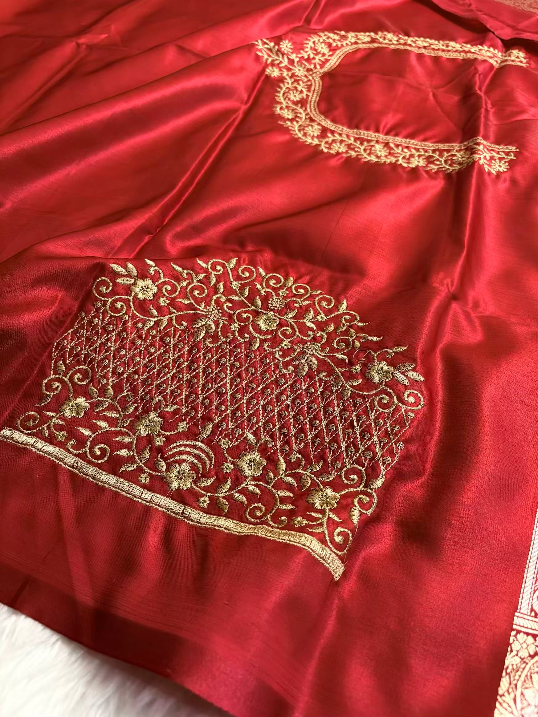 Satin Silk Saree Banarasi Swarovski Work Jaal in Red Shades
