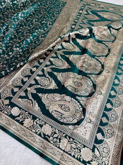 Heavy Jaal Satin Silk Banarasi Saree Teal Green Shades