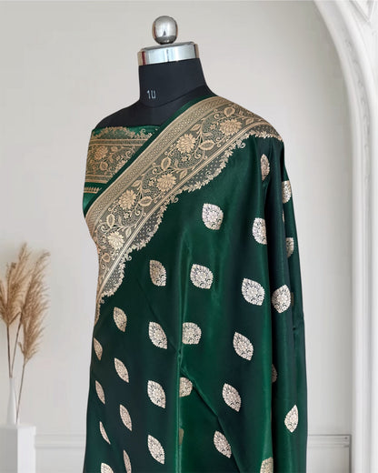 Dark Green Satin Silk Banarasi Saree Jhaad Motif
