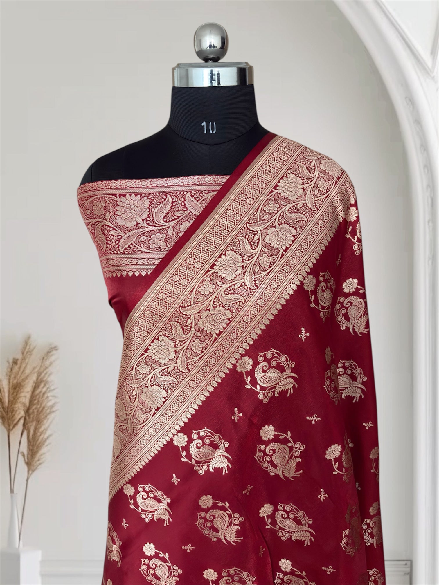 MorPankhi Maroon Satin Silk Banarasi Saree