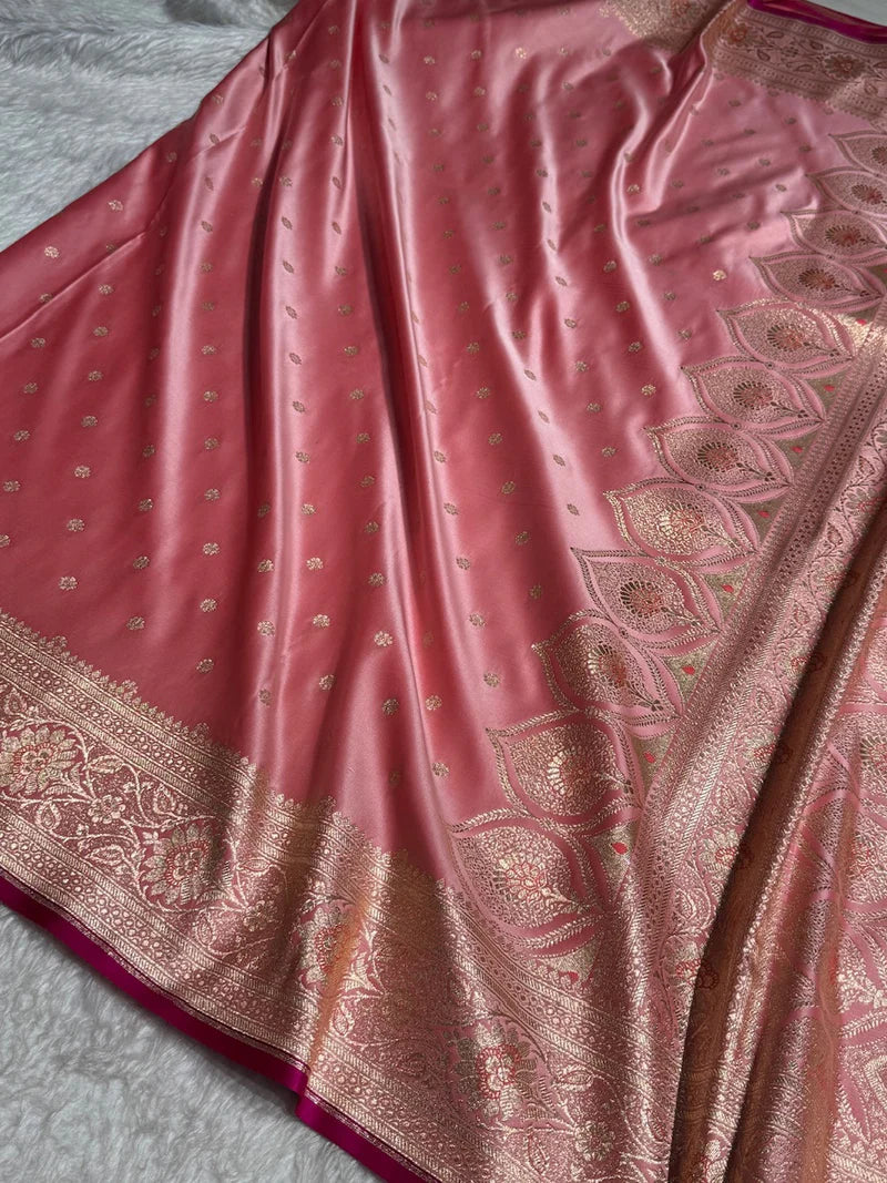 Baby Pink Booti Satin katan Silk Saree