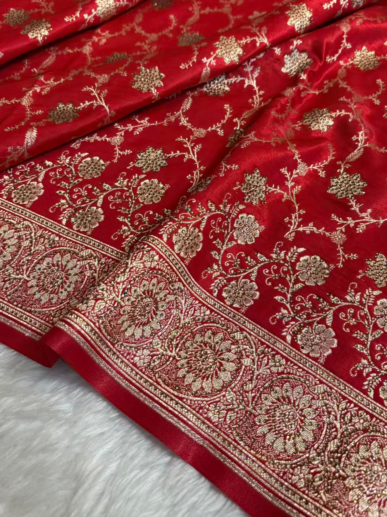 Satin Silk Saree Banarasi Swarovski Work Jaal in Red Shades