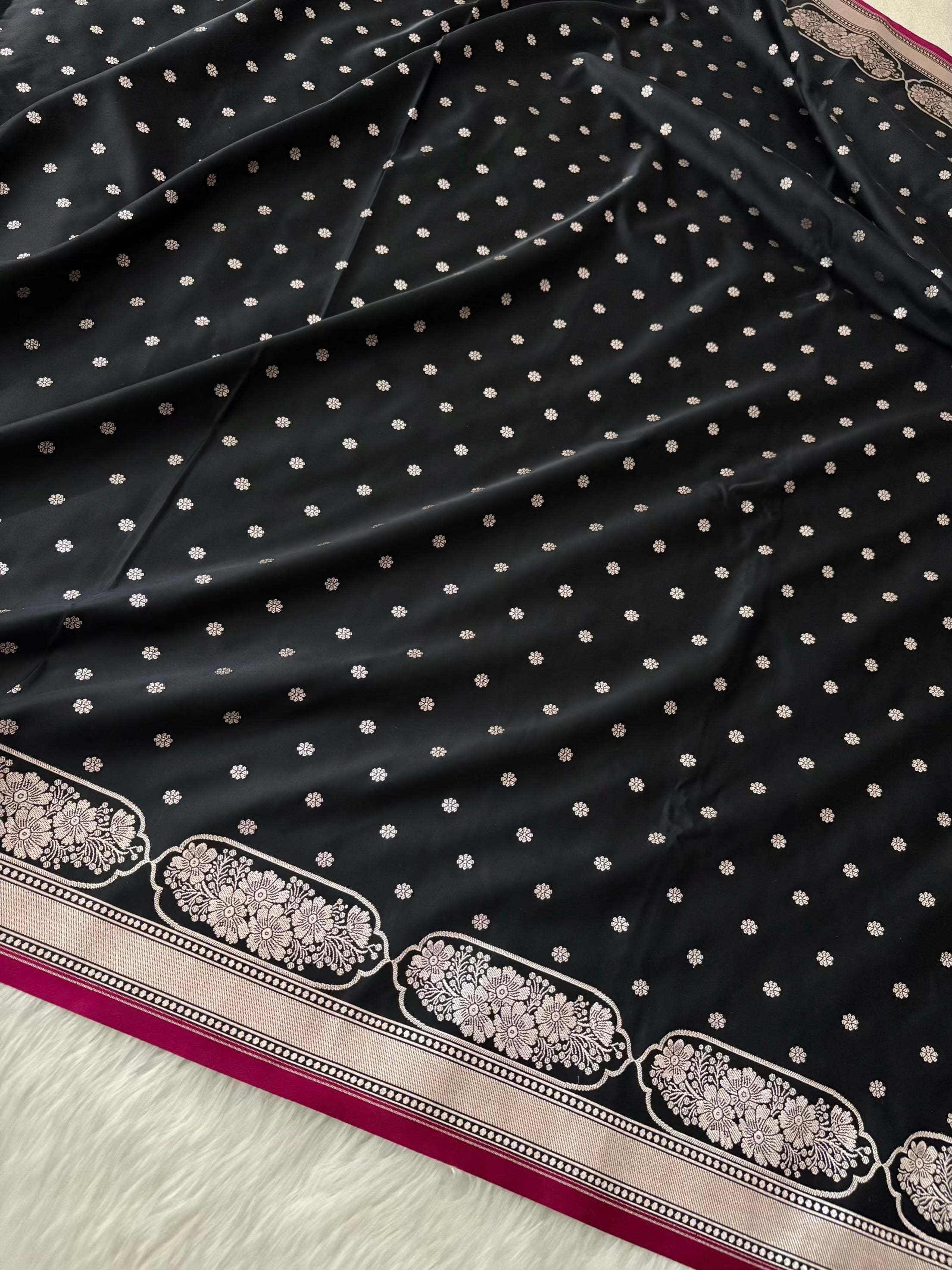 Black Soft Kataan Silk Banarasi Saree In Rose Gold Zari