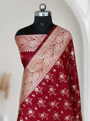 Maroon Floral Buti Satin Silk Banarasi Saree