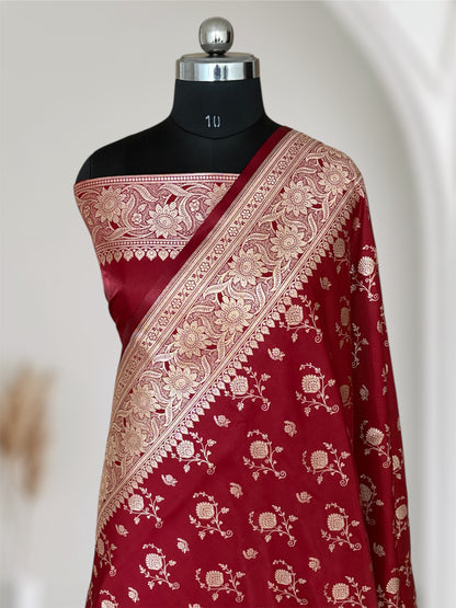 Maroon Floral Buti Satin Silk Banarasi Saree