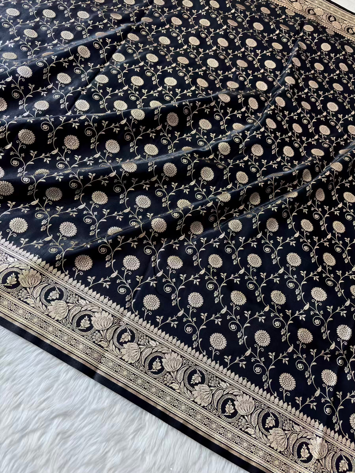 Black Satin Silk Banarasi Saree In Marigold Jaal