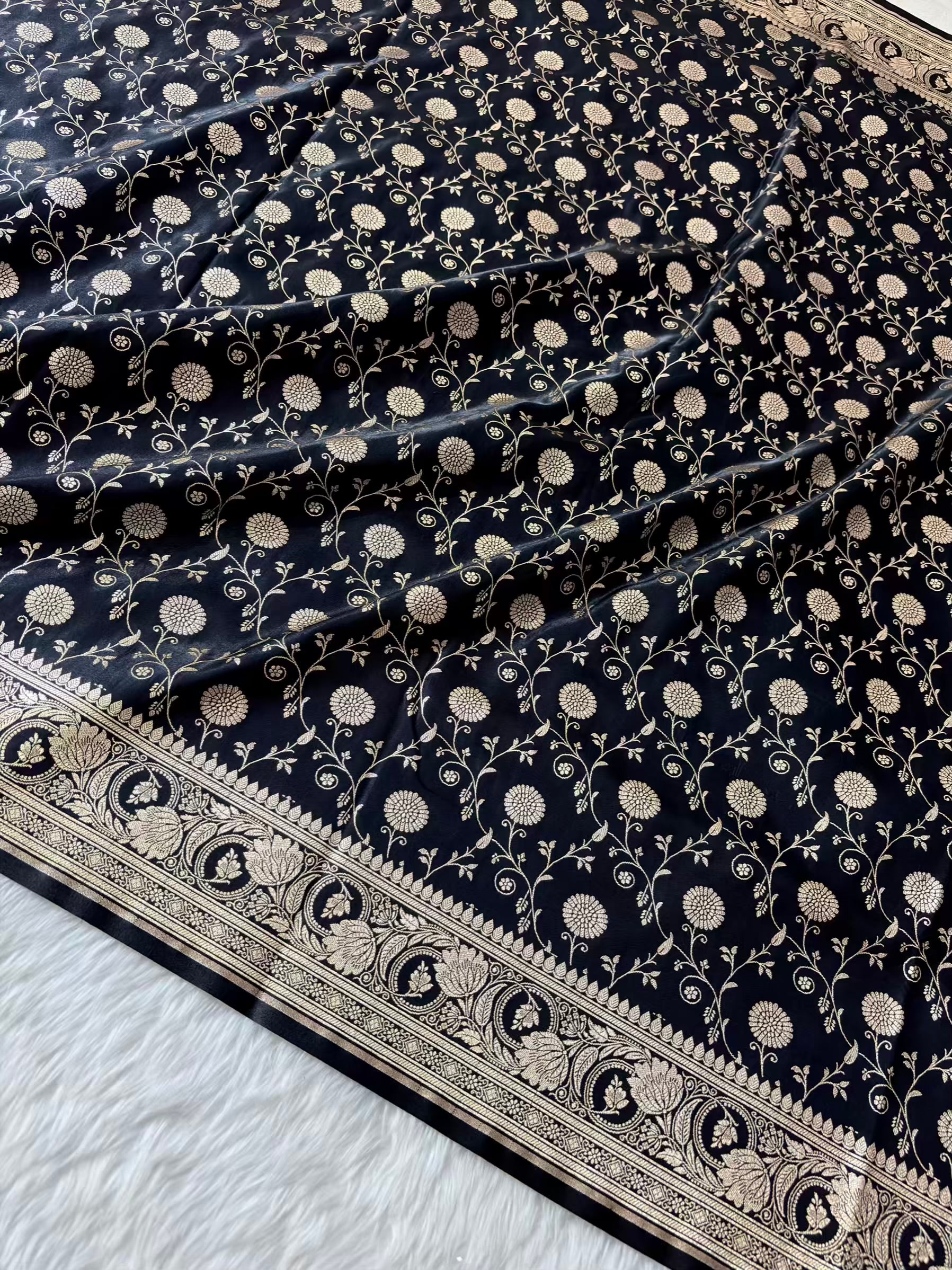Black Satin Silk Banarasi Saree In Marigold Jaal