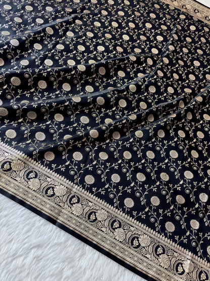 Black Satin Silk Banarasi Saree In Marigold Jaal