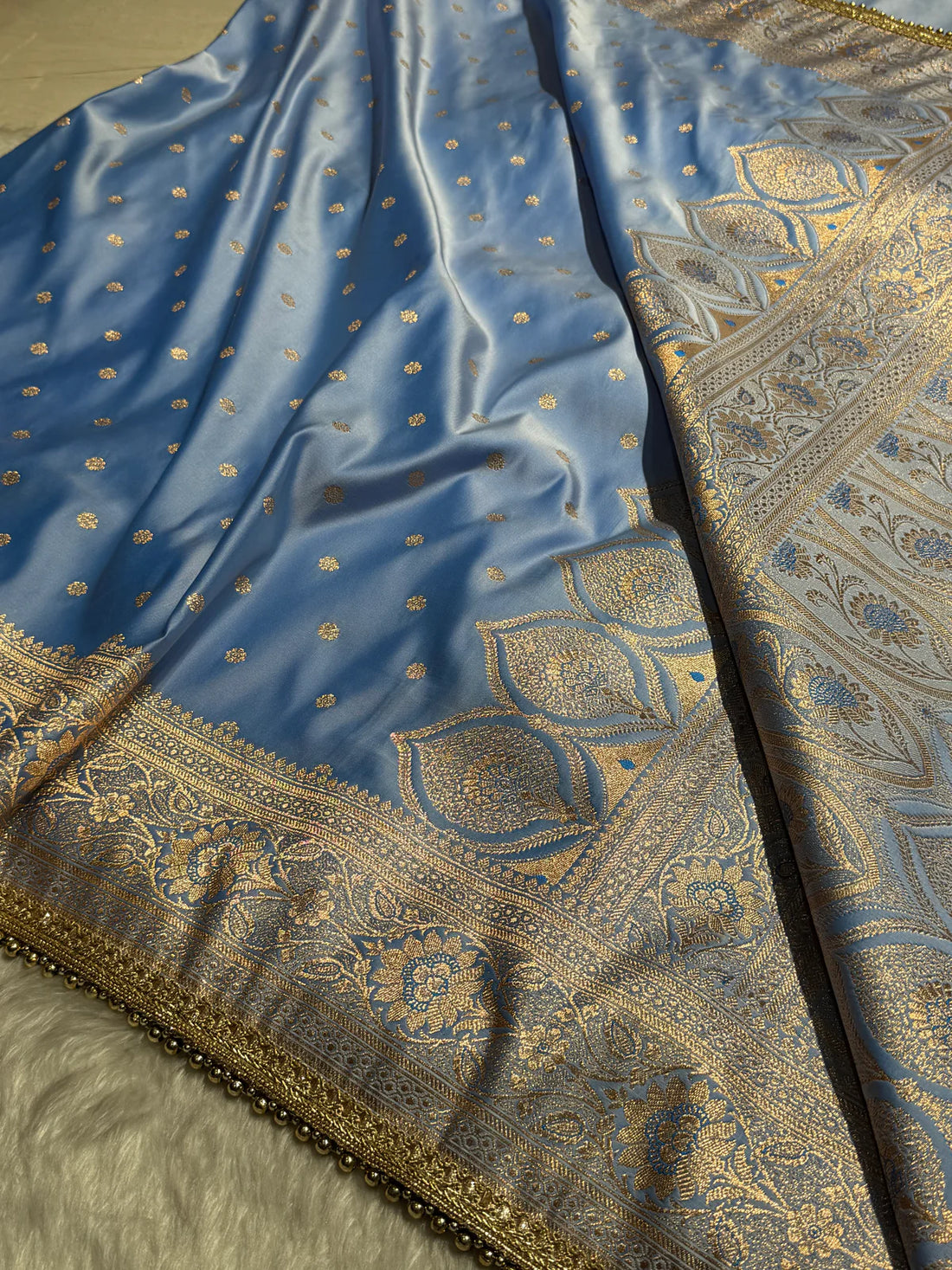 Satin Katan Powder Blue Silk Saree With Gotta Patti